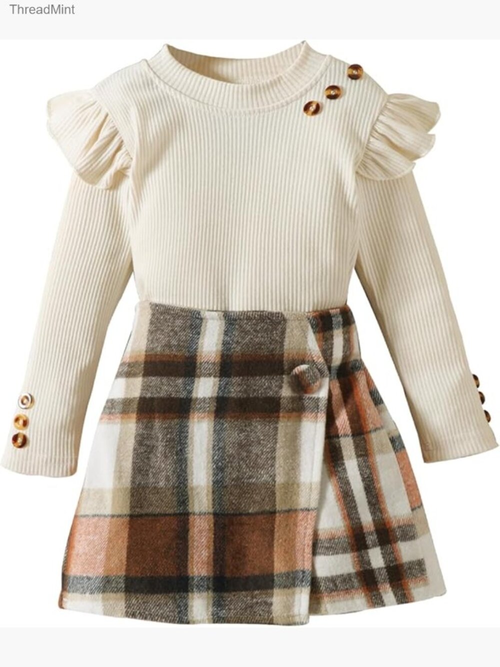 Toddler Girls Long Sleeve Top and Plaid Skort Set 2-Piece